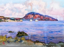 Crimea. Gurzuf. Bear Mountain In The Evening Rays Of Light - watercolors, white paint, mixed technique