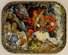 Dobrynya And Zmey - a box: papier-mache, gold leaf, lacquer, egg tempera